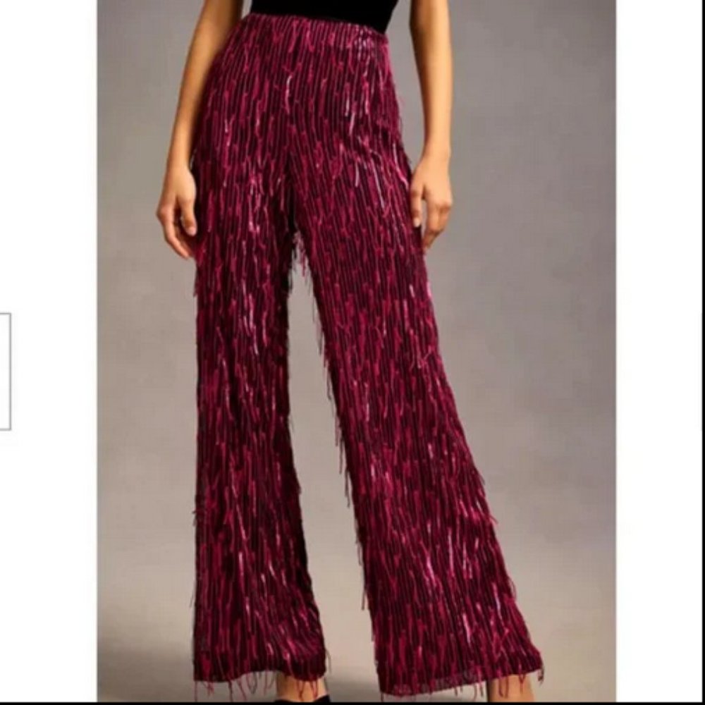 Anthropologie Maeve Sequined Wide Leg Pants Plum PETITE - Picture 5 of 10